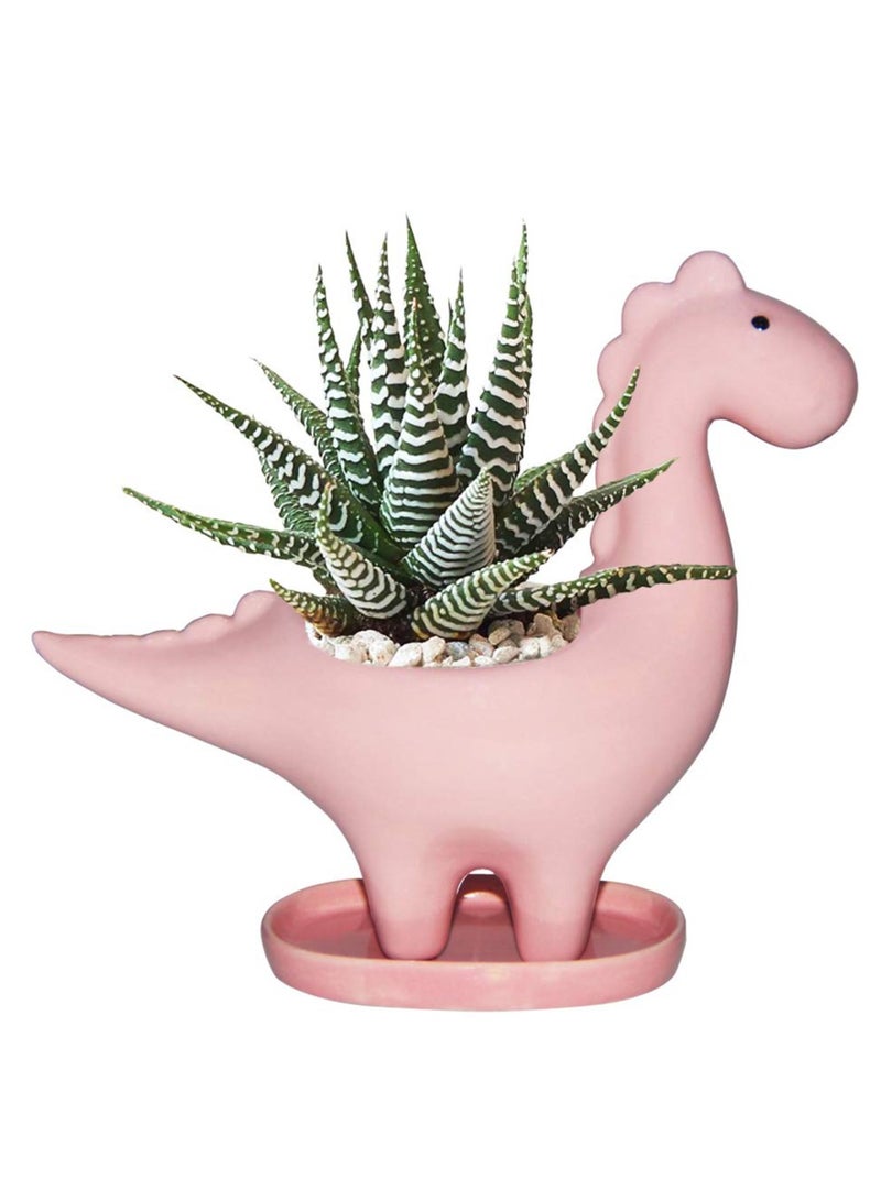 KASTWAVE Dinosaur Shape Ceramic Succulent Planter Pot with Drainage Tray Multipurpose Bonsai Plant Vase Creative Cactus Flower Pot with Drain Hole - Home Office Garden Decoration - Image 1