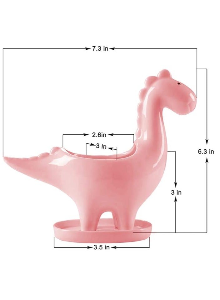 KASTWAVE Dinosaur Shape Ceramic Succulent Planter Pot with Drainage Tray Multipurpose Bonsai Plant Vase Creative Cactus Flower Pot with Drain Hole - Home Office Garden Decoration - Image 3