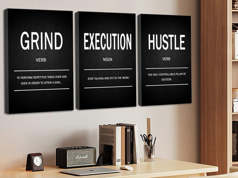 Deergar Wall Art Motivational Wall DÃ©cor Grind Hustle Execution Inspirational Poster Print Canvas Wall Art for Office, Living Room, Bedroom, Dormitory Wall Decoration Black and White Gallery Wrapped Canvas - Image 1