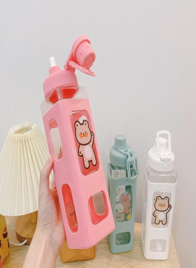 Shopsero Kawaii Bear Water Bottle with Straw & Stickers – 700ml Cute Square Plastic Drinking Bottle for Girls | Portable Juice/Tea/Sports Bottle (White) - Image 3