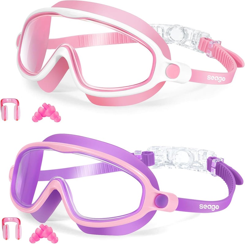Seago Swim Goggles 2 Pack Anti-Fog Anti-UV Wide View Swimming Goggles for Kids 3-14 - Image 1