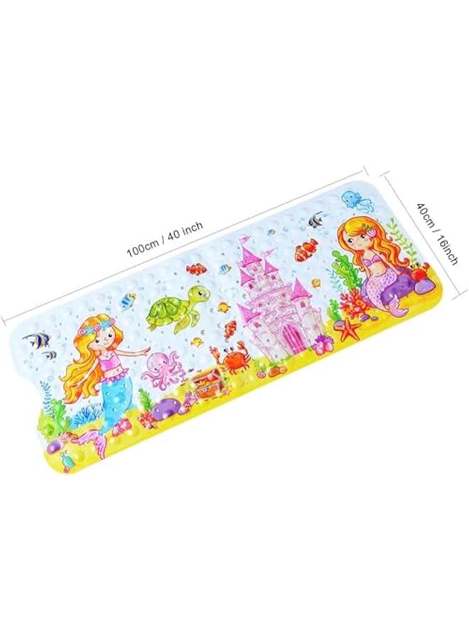 ميكسد سجادة حوض استحمام للأطفال، 40 × 16 بوصة مانعة للانزلاق، سجادة حوض استحمام كرتونية مضادة للانزلاق مع فتحات تصريف وأكواب شفط قابلة للغسل في الغسالة (Merimaid) - Image 2