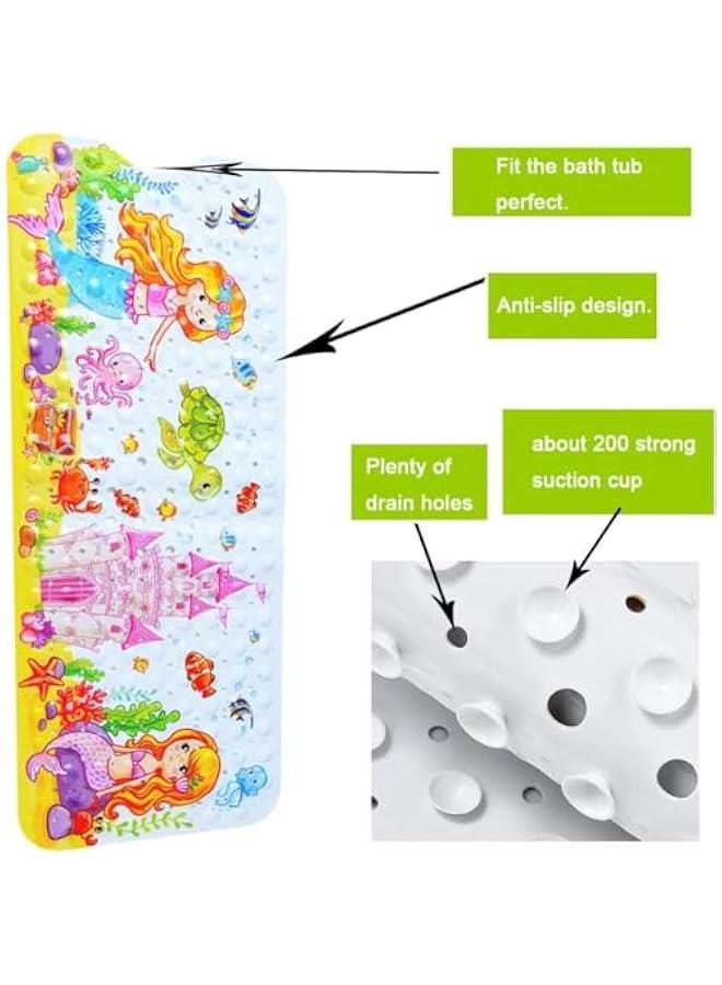 ميكسد سجادة حوض استحمام للأطفال، 40 × 16 بوصة مانعة للانزلاق، سجادة حوض استحمام كرتونية مضادة للانزلاق مع فتحات تصريف وأكواب شفط قابلة للغسل في الغسالة (Merimaid) - Image 3