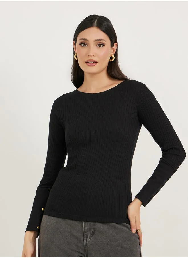 ستايلي Rib Knit Cuffed Sleeve Top with Button Detail