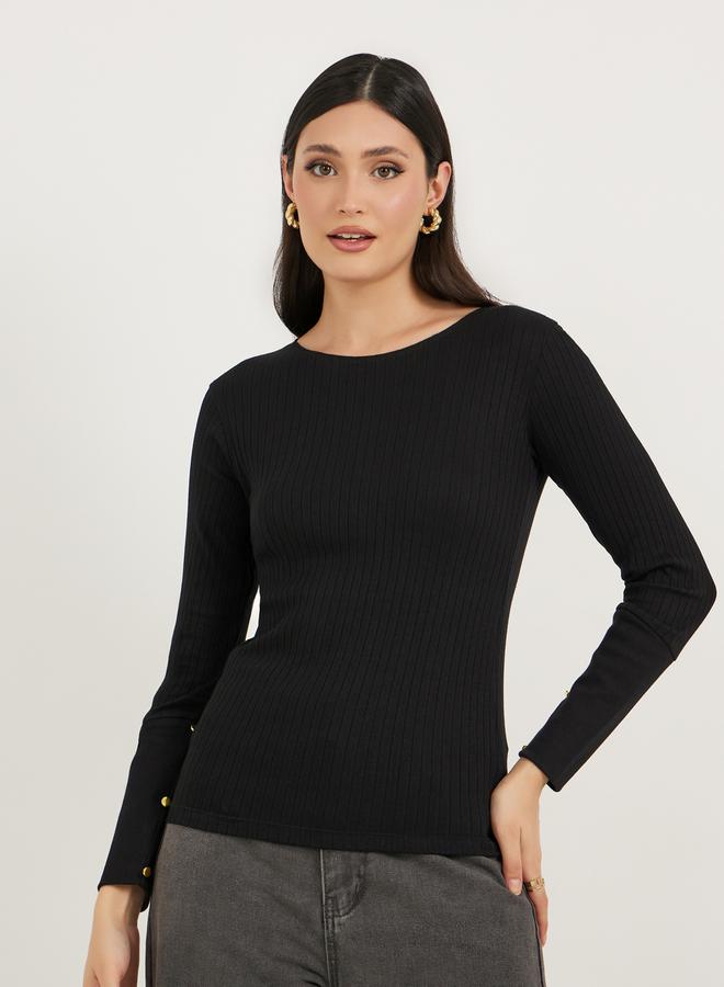 Styli Rib Knit Cuffed Sleeve Top with Button Detail  - Image 3