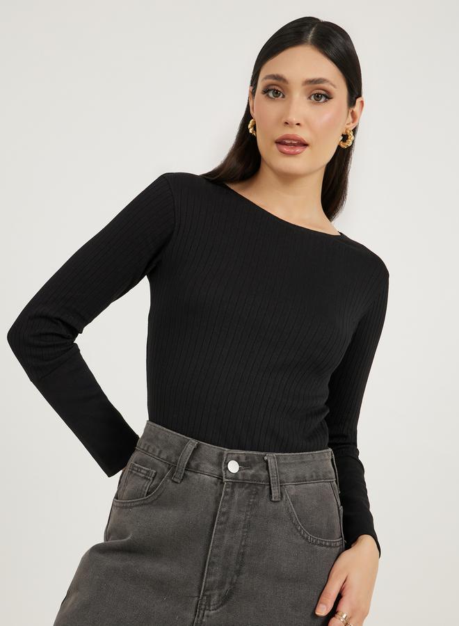 Styli Rib Knit Cuffed Sleeve Top with Button Detail  - Image 1