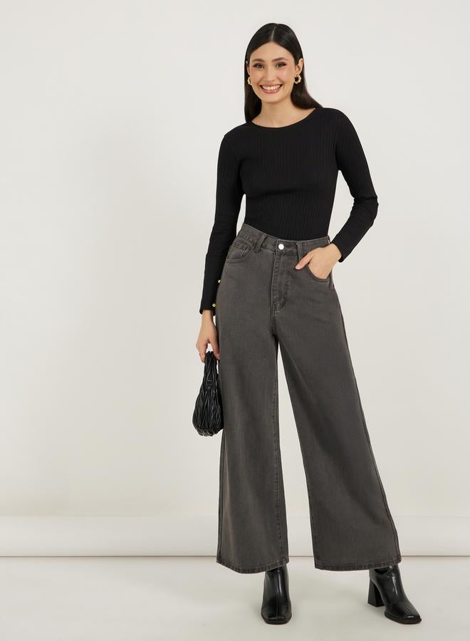 Styli Rib Knit Cuffed Sleeve Top with Button Detail  - Image 2