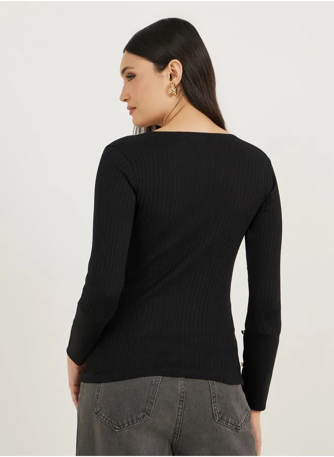 ستايلي Rib Knit Cuffed Sleeve Top with Button Detail