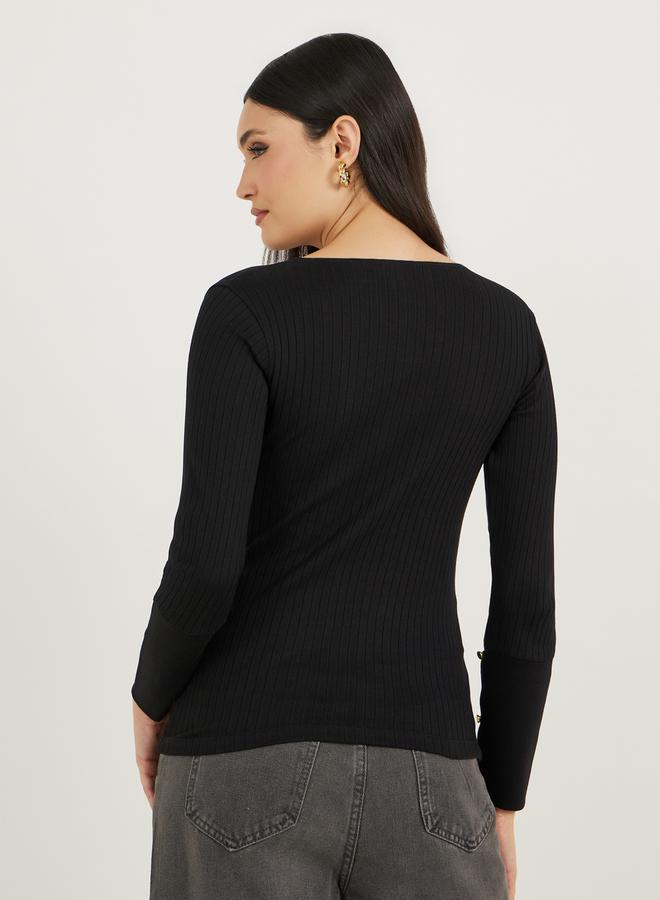 Styli Rib Knit Cuffed Sleeve Top with Button Detail  - Image 5