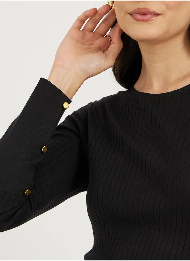 ستايلي Rib Knit Cuffed Sleeve Top with Button Detail