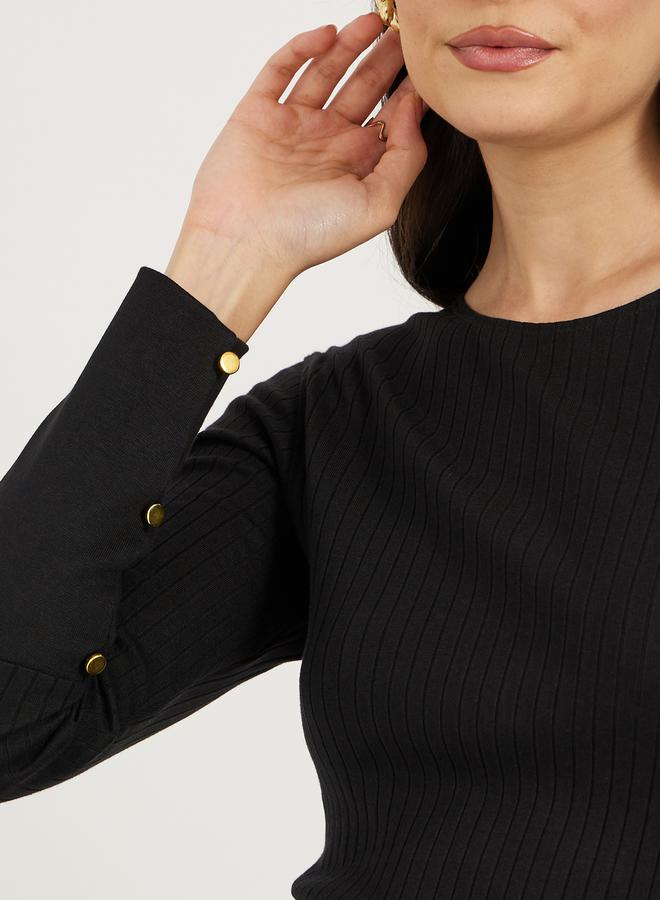 Styli Rib Knit Cuffed Sleeve Top with Button Detail  - Image 4