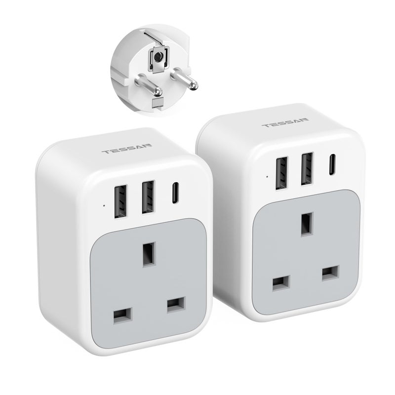 تيسان TESSAN UK to European Plug Adapter 2 Pack, Type E F EU Plug with USB C - Image 1