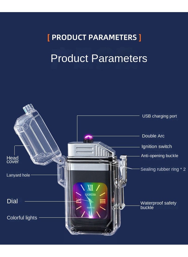 Arc Electric Lighter USB Rechargeable Lighter Waterproof Dial Outdoor Lighter Fashion Transparent Windproof Lighter Suitable for Candles Incense Fireworks