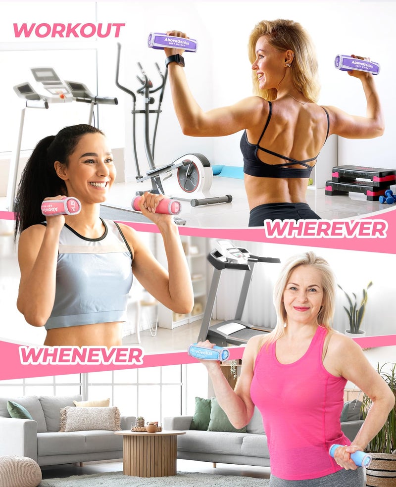 AboveGenius Hand Weights for Women Men, Soft Dumbbells Set of 6(1lb 2lb 3lb Each Pack) for Dumbbell Walking Weight Sets with Hand Strap, Pink Weights for Workout Running, Pilates, Yoga, Jogging and Physical Therapy, Gifts for Women (Blue Pink Purple) - Image 3