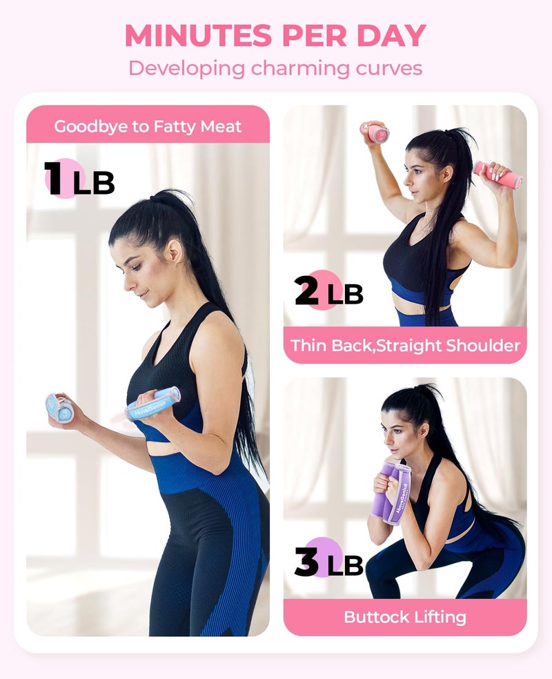 AboveGenius Hand Weights for Women Men, Soft Dumbbells Set of 6(1lb 2lb 3lb Each Pack) for Dumbbell Walking Weight Sets with Hand Strap, Pink Weights for Workout Running, Pilates, Yoga, Jogging and Physical Therapy, Gifts for Women (Blue Pink Purple) - Image 2