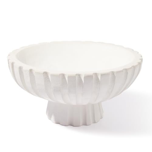 DN DECONATION White Wooden Decorative Bowl with Stand, 11.22" Wood Fruit Candy Key Holder Bowl for Centerpiece Home Room Decor Farmhouse Shelf Coffee Table Entryway - Image 1