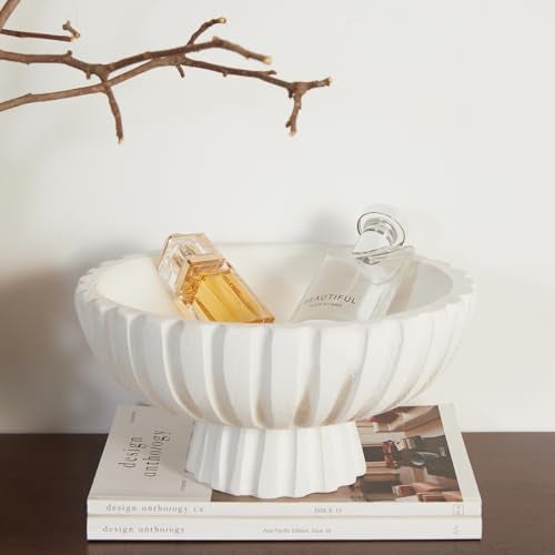 DN DECONATION White Wooden Decorative Bowl with Stand, 11.22" Wood Fruit Candy Key Holder Bowl for Centerpiece Home Room Decor Farmhouse Shelf Coffee Table Entryway - Image 2