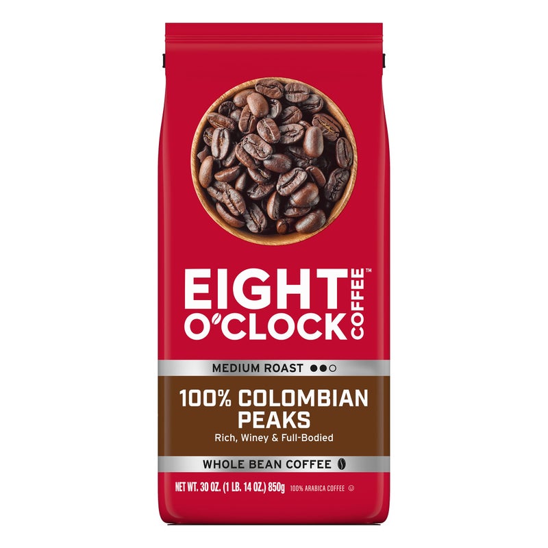 Eight O'Clock Coffee 100% Colombian Peaks Whole Bean Coffee, Medium Roast, 30 Ounce (Pack of 1) - Rich, Winey & Full Bodied - Image 1