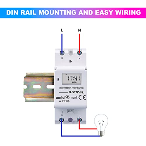 amiciSmart 4-in-1 Digital Timer Switch Relay | 7-Day Programmable, Countdown, Pulse & Cycle Timer | DIN Rail Mount, (30A,220VAC) - Image 2