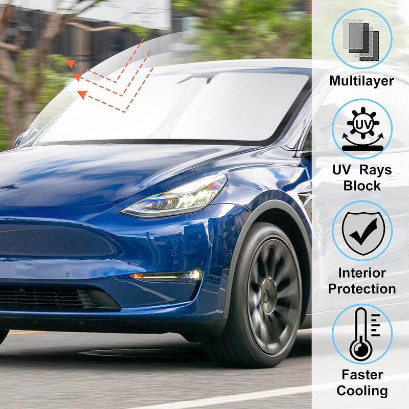 LHFLIVE Windshield Sun Shade Custom Fit for 2016-2024 Tesla Model Y Model 3 Accessories Foldable Front Window Sunshade Shield Blocker Keeps Car Cool - Image 2