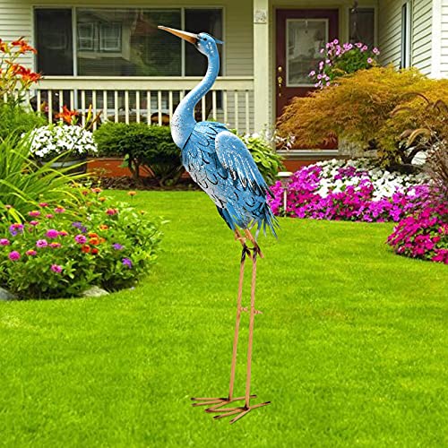 Nacome Large Standing Blue Metal Crane Garden Statue: Indoor Outdoor Heron Animal Sculpture for Patio Backyard Porch Yard Bird Art Lawn Decor - 36.6inch Gifts for Grandma Mom - Image 1