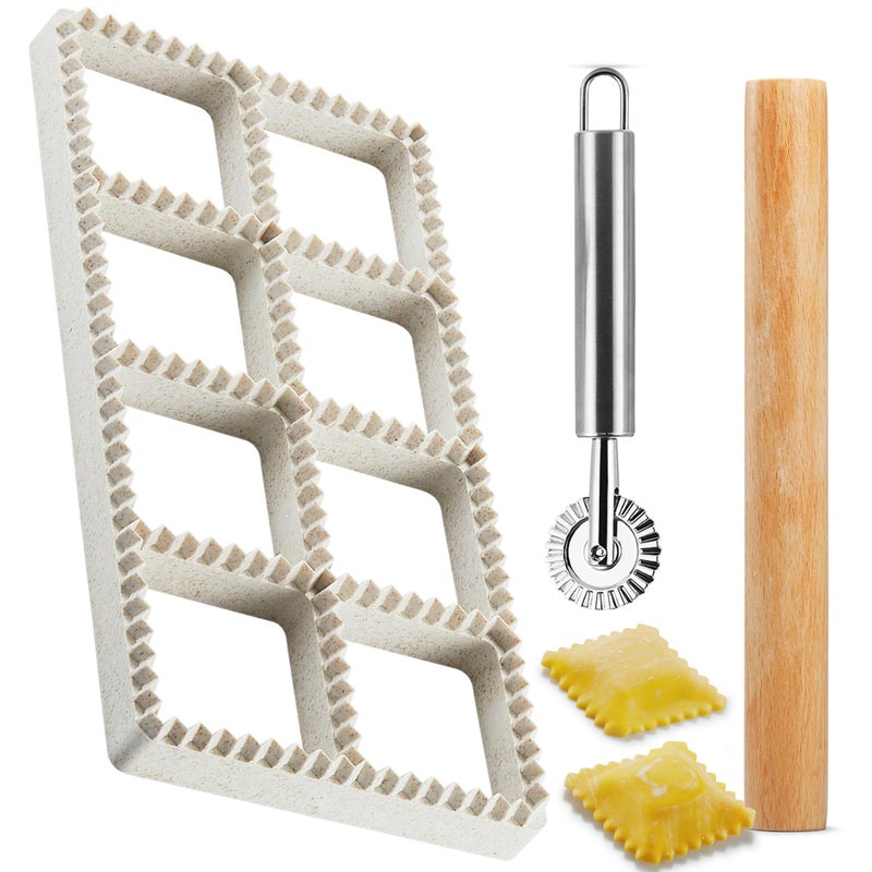MUMSUNG Ravioli Maker Press Ravioli Press Mold Set Squares Ravioli Stamp Maker Cutter with Wood Rolling Pin and Ravioli Wheel Ravioli Stamp Pasta Making Tools Makes 8 Ravioli 185