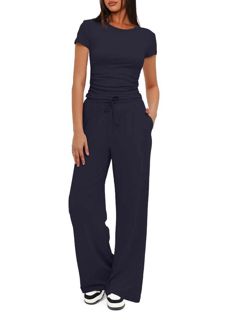 Darong Women's 2 Piece Set Outfits Lounge Sets Ruched Short Sleeve Tops High Waisted Wide Leg Pants Tracksuit Sets 9042A(inseam28-29) Dark Blue M - Image 1