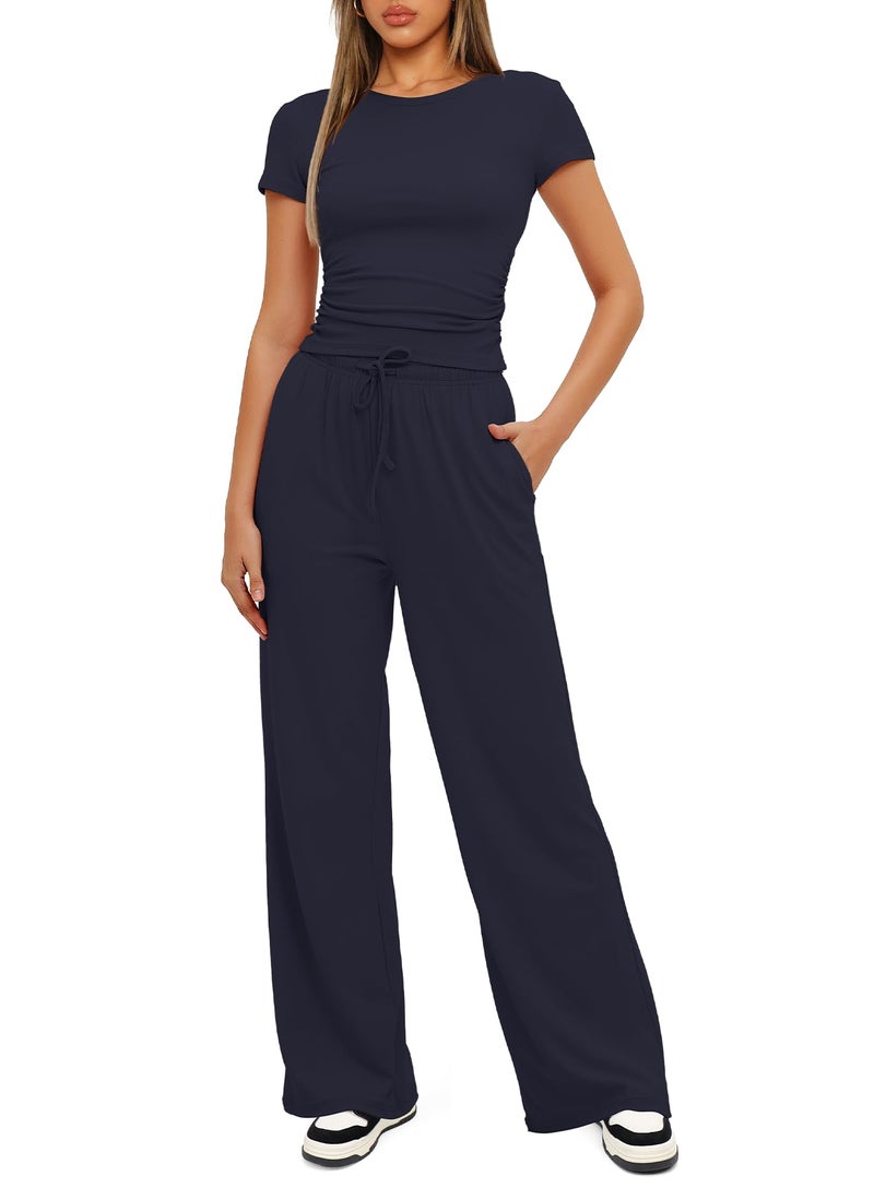 Darong Women's 2 Piece Set Outfits Lounge Sets Ruched Short Sleeve Tops High Waisted Wide Leg Pants Tracksuit Sets 9042A(inseam28-29) Dark Blue M - Image 3