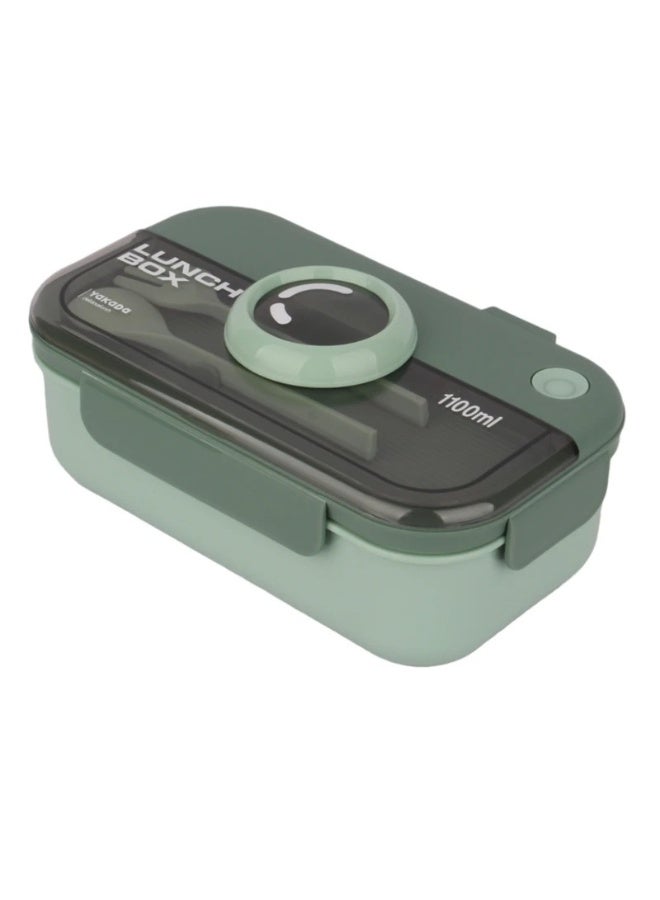 هابي هوم صندوق غداء بينتو مستورد فاخر، معزول ومقاوم للتسرب، مكون من حجرتين، آمن للاستخدام في الميكروويف، مع شوكة وملعقة- (1100 مل -أخضر) - Image 2