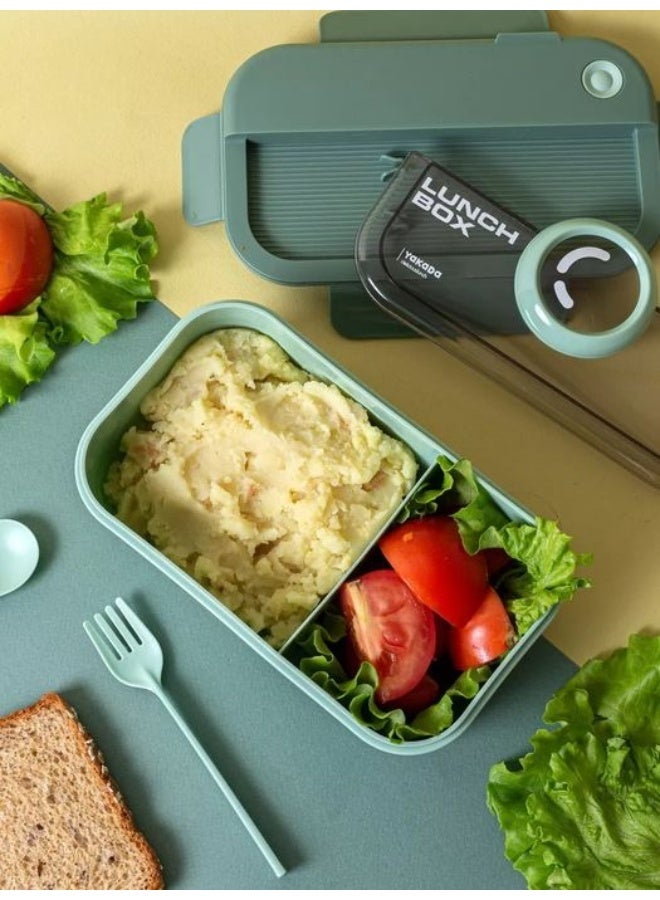 هابي هوم صندوق غداء بينتو مستورد فاخر، معزول ومقاوم للتسرب، مكون من حجرتين، آمن للاستخدام في الميكروويف، مع شوكة وملعقة- (1100 مل -أخضر) - Image 3