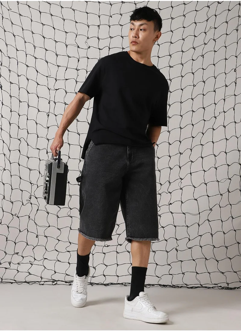 هوبرهولمي Men's Black 100% Cotton Distressed Cropped Loose Fit Shorts