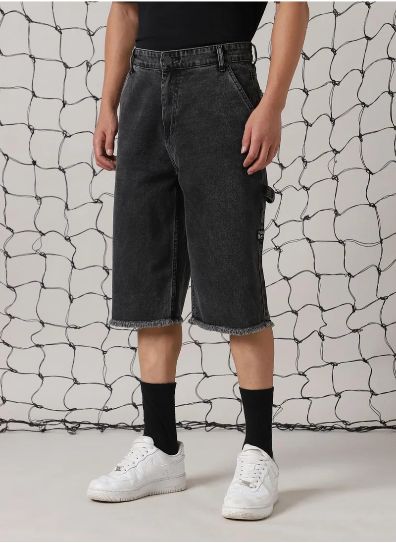 هوبرهولمي Men's Black 100% Cotton Distressed Cropped Loose Fit Shorts
