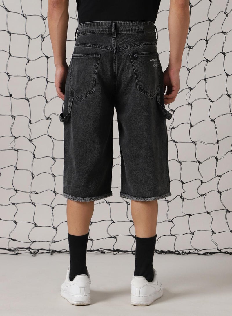Hubberholme Men's Black 100% Cotton Distressed Cropped Loose Fit Shorts  - Image 3