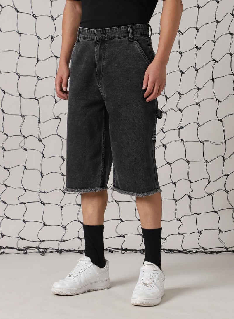 Hubberholme Men's Black 100% Cotton Distressed Cropped Loose Fit Shorts  - Image 2