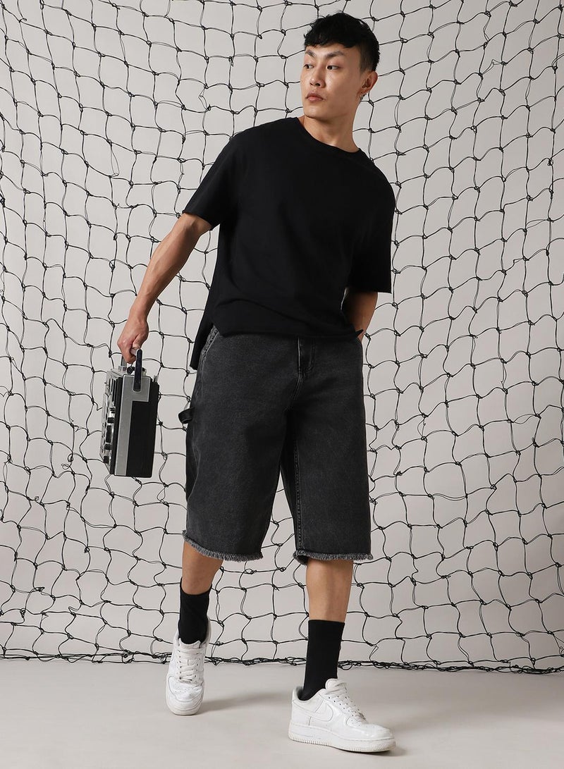 Hubberholme Men's Black 100% Cotton Distressed Cropped Loose Fit Shorts  - Image 1