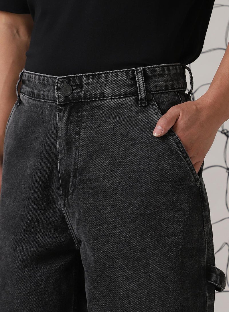 Hubberholme Men's Black 100% Cotton Distressed Cropped Loose Fit Shorts  - Image 4