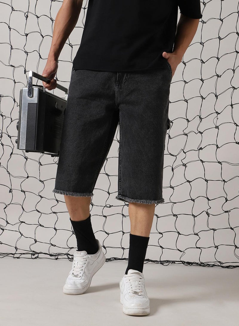 Hubberholme Men's Black 100% Cotton Distressed Cropped Loose Fit Shorts  - Image 5