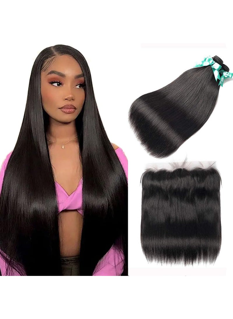 Beauhair - Brazilian Straight Hair 3 Bundles With Frontal Closure14 16 1814Frontal 13x4 Ear to Ear Lace Frontal Closure With Bundles Unprocessed Virgin Human Hair Bundles With Frontal Natural Color - Image 1