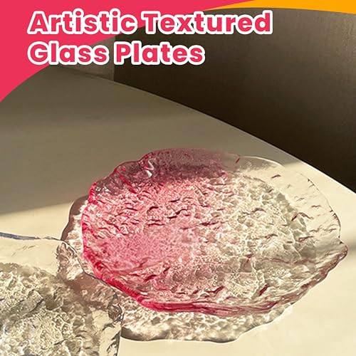 Coolcapis 6 pcs Textured Pink Glass Plates Wavy Edge Decorative Clear Modern Hammered Ice Appetizer Plates Set. Glass Serving Tray Dinner Appetizer Artistic Dinnerware Frosted Elegant (Pink, Small) - Image 4