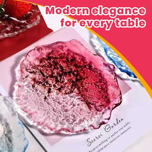 Coolcapis 6 pcs Textured Pink Glass Plates Wavy Edge Decorative Clear Modern Hammered Ice Appetizer Plates Set. Glass Serving Tray Dinner Appetizer Artistic Dinnerware Frosted Elegant (Pink, Small) - Image 5