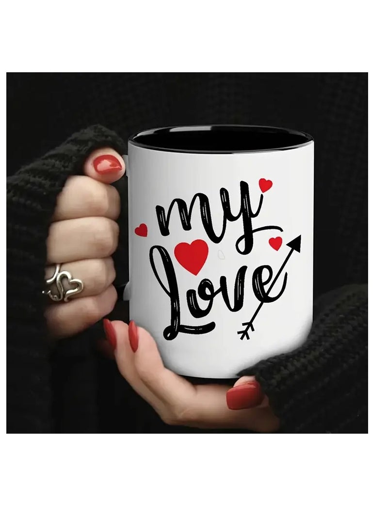 RYN® 1pc "My Love" White Ceramic Coffee Mug with Red Heart Design - Dishwasher Safe, Insulated Cup for Home & Travel - Ideal Gift for Valentine's Day, Birthdays, Christmas, Thanksgiving, Coffee Cup BLACK - Image 1