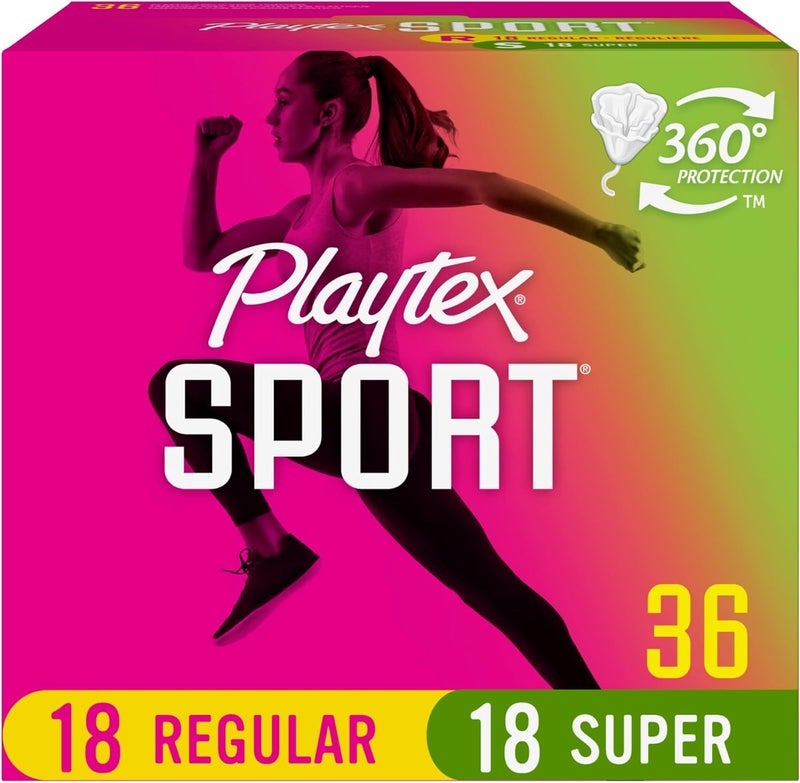 Playtex Sport Tampons Multipack - 36 Count (18 Regular/18 Super Absorbency), Fragrance-Free - Image 1