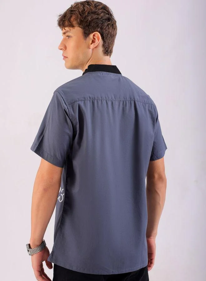 The Indian Garage Co Men Regular Fit Placement Print Half Sleeves Baseball Collar Casual Shirt