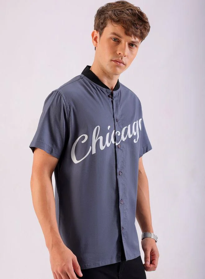 The Indian Garage Co Men Regular Fit Placement Print Half Sleeves Baseball Collar Casual Shirt