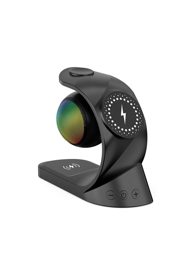 ريبنيو مكبر صوت بلوتوث 5 في 1، شاحن لاسلكي مغناطيسي، شحن سريع 15 واط، مناسب للساعات وسماعات الأذن والهواتف المحمولة، أسود - Image 1