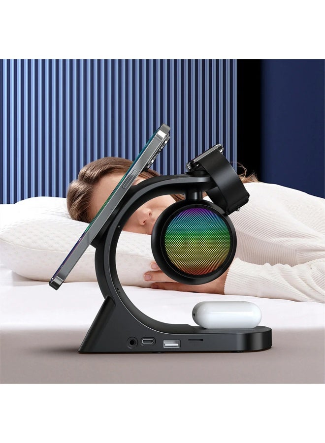 ريبنيو مكبر صوت بلوتوث 5 في 1، شاحن لاسلكي مغناطيسي، شحن سريع 15 واط، مناسب للساعات وسماعات الأذن والهواتف المحمولة، أسود - Image 3