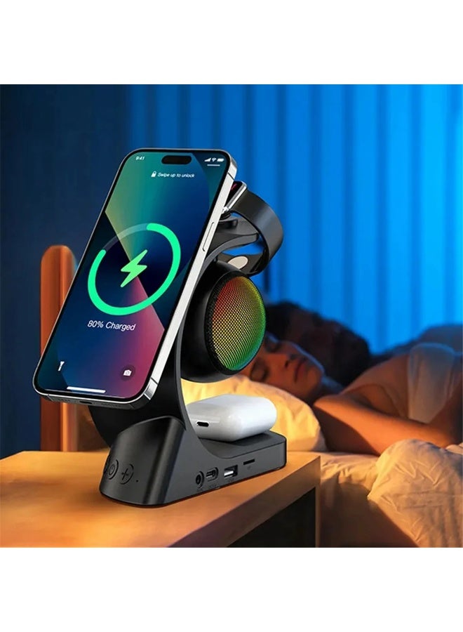 ريبنيو مكبر صوت بلوتوث 5 في 1، شاحن لاسلكي مغناطيسي، شحن سريع 15 واط، مناسب للساعات وسماعات الأذن والهواتف المحمولة، أسود - Image 4