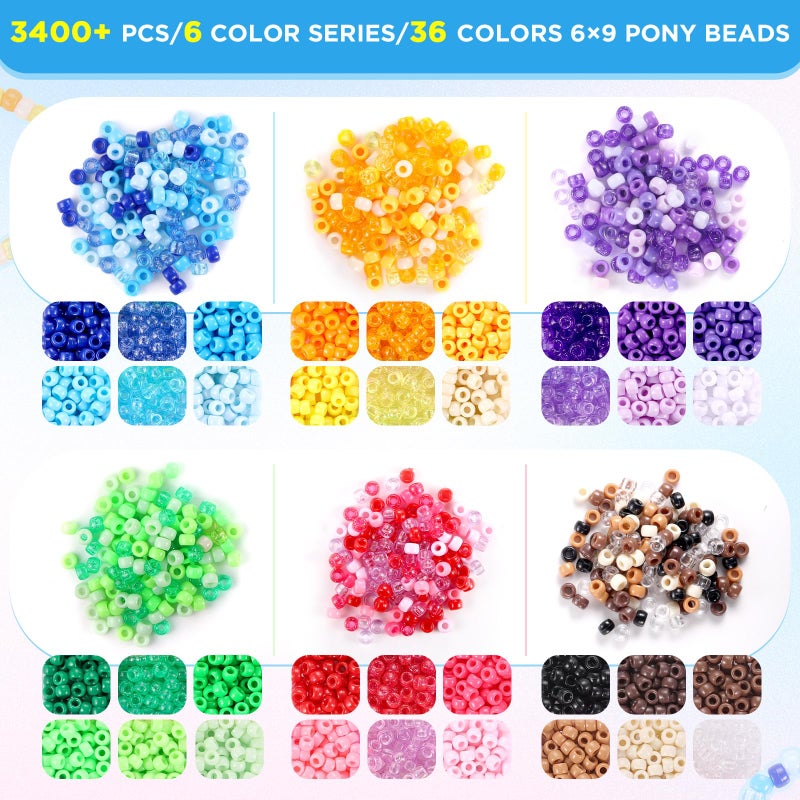 Funtopia Pony Beads Bulk, 3400pcs+ Kandi Beads for Bracelets, Funtopia 36 Colors Plastic Bead for Craft, Rainbow Hair Bead for Braids, for DIY Craft Projects and Jewelry Making (6x9mm) - Image 3