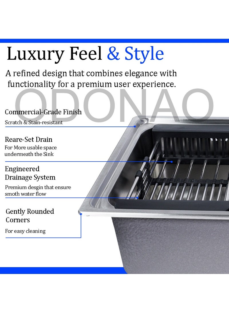 ODONAO Premium Stainless Steel Kitchen Sink, 66x45x22 cm, Chrome Finish, Single Bowl with Strainer, Durable Modern Design - Image 2