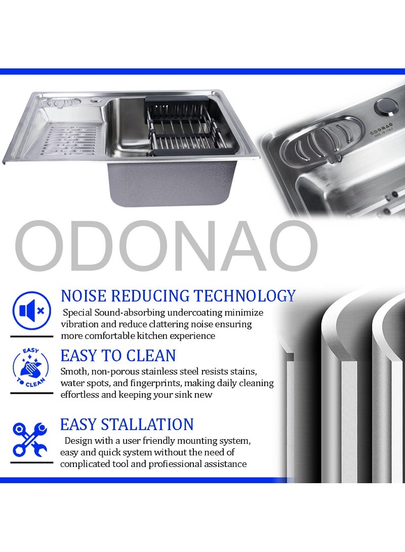 ODONAO Premium Stainless Steel Kitchen Sink, 66x45x22 cm, Chrome Finish, Single Bowl with Strainer, Durable Modern Design - Image 3